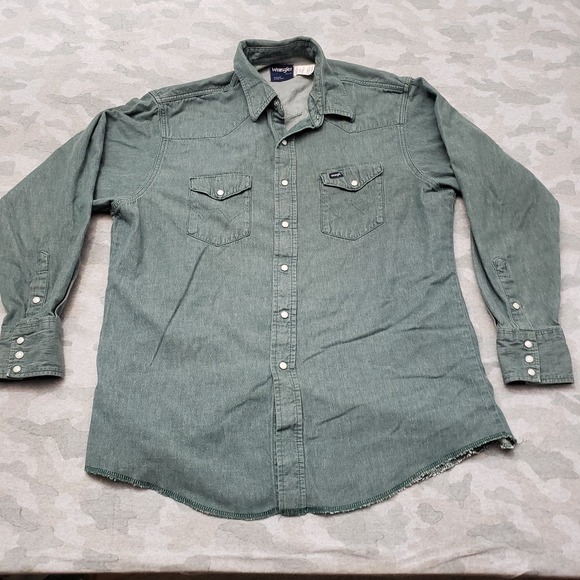 Vintage Wrangler Shirt Mens 17 1/2x35 Green Pockets Pearl Snap Long Sleeve - Picture 1 of 10